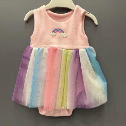 Gökkuşak Desenli Askılı Eteği Tütülü Çıtçıtlı Body